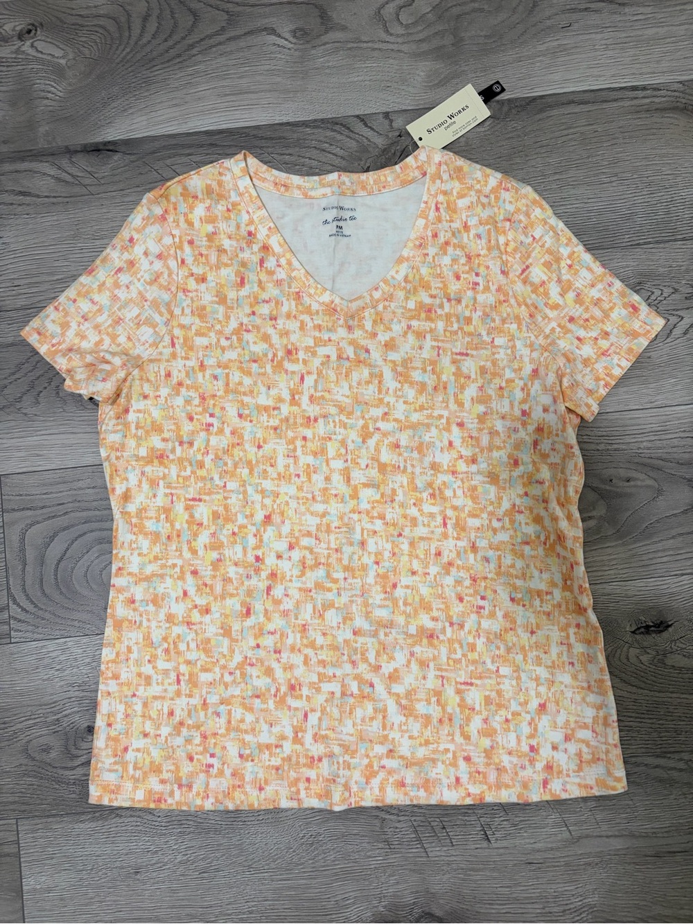 Studio Works Women's Orange Multi-Print V-Neck Short Sleeve Tee